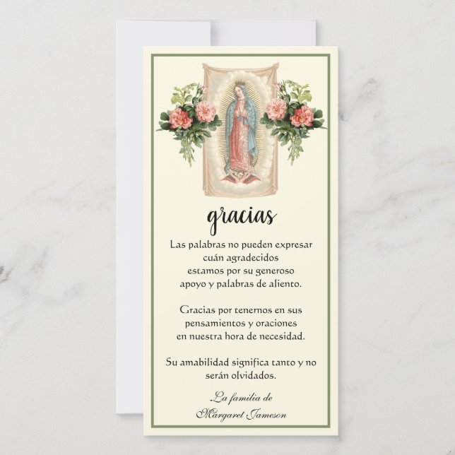 Tarjeta De Agradecimiento Guadalupe Virgin Mary Funeral Condolence Spanish (Anverso)