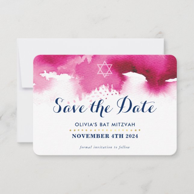 Tarjeta De Agradecimiento GUARDAR LA FECHA MITZVAH acuarela rosa estrella mo (Anverso)