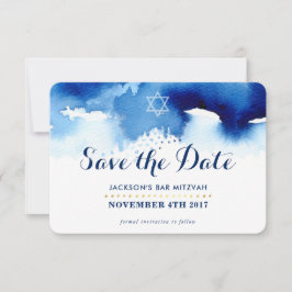 Tarjeta De Agradecimiento GUARDAR LA FECHA MITZVAH color azul estrella moder
