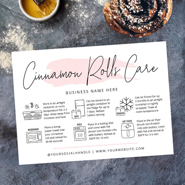 Tarjeta De Agradecimiento Guía de cuidado y recalentamiento de canela Rolls  (Cinnamon rolls care and reheating instructions postcards with a modern blush pink watercolor design)