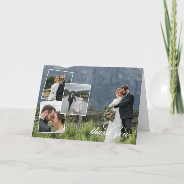 Tarjeta De Agradecimiento Guión blanco Gracias Collage de fotos Boda (Anverso)