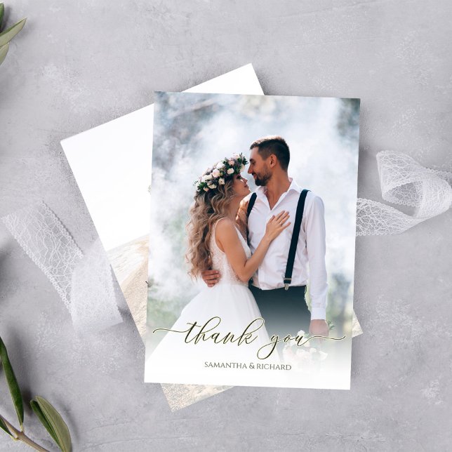 Tarjeta De Agradecimiento Guión caligráfico Moderno Simple Dos Fotografías E (Simple wedding thank you card with a two-photo template. )