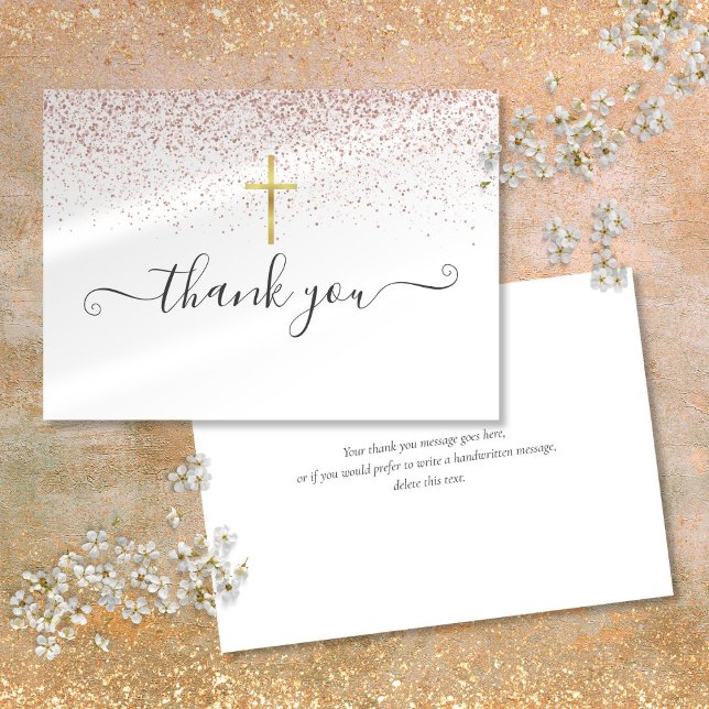 Tarjeta De Agradecimiento Guión crucifijo de oro Purpurina de oro Rosa (Rose Gold Glitter Gold Crucifix Script Thank You Card)