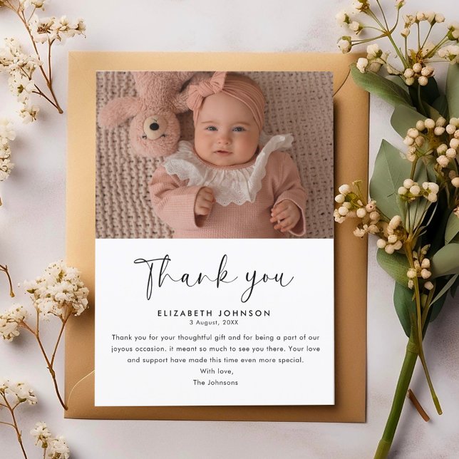 Tarjeta De Agradecimiento Guión curado y elegante Baby Shower Gracias Foto (Subido por el creador)