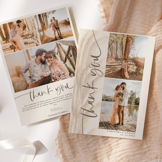 Tarjeta De Agradecimiento Guión de Boho pampas 5 fotos boda gracias (Subido por el creador)
