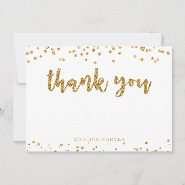 Tarjeta De Agradecimiento Guión de broche y confetti Purpurina de oro modern (Anverso)