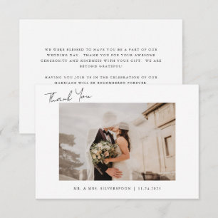 Tarjeta De Agradecimiento Guion de caligrafía minimalista para foto de boda 