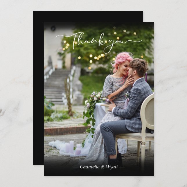 Tarjeta De Agradecimiento Guión de caligrafía simple de foto de recién casad (Anverso / Reverso)
