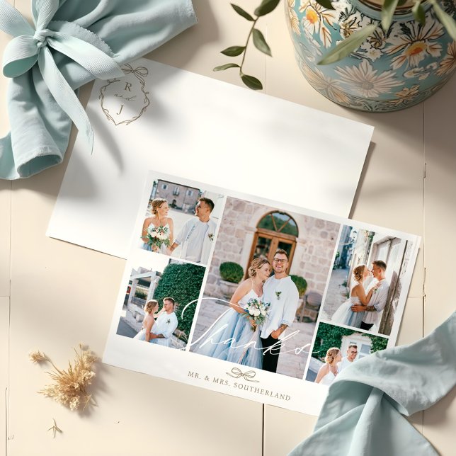 Tarjeta De Agradecimiento Guión de Collage de Fotos Mínimo Monograma de Lazo (Minimal Photo Collage Script Wedding Bow Monogram Thank You Card)