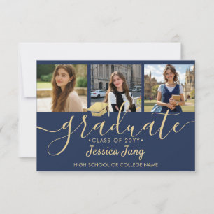 Tarjeta De Agradecimiento Guión de Collage de Graduación de 4 Fotos Azul Mar
