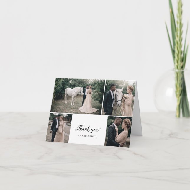 Tarjeta De Agradecimiento Guión de época 4 Collage de fotos Boda plegado (Anverso)