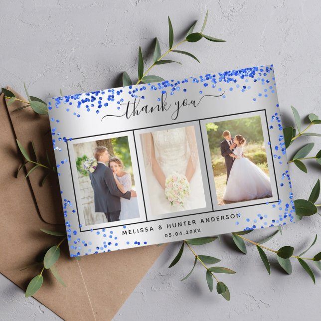 Tarjeta De Agradecimiento guión de foto azul real de plata del boda (Subido por el creador)