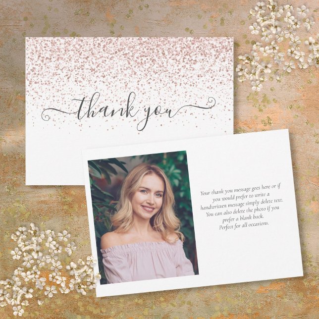 Tarjeta De Agradecimiento Guión de foto moderno Rosa Purpurina de oro (Modern Rose Gold Glitter Photo Script Thank You Card)