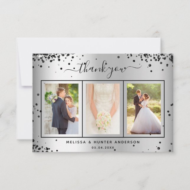 Tarjeta De Agradecimiento guión de la foto del purpurina negro plateado boda (Anverso)