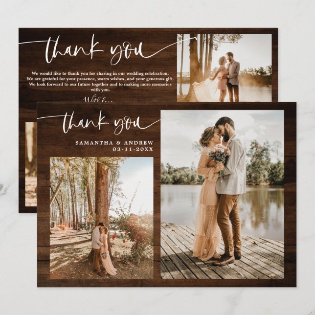 Tarjeta De Agradecimiento Guión de madera marrón rusa 5 foto gracias boda (Anverso / Reverso)