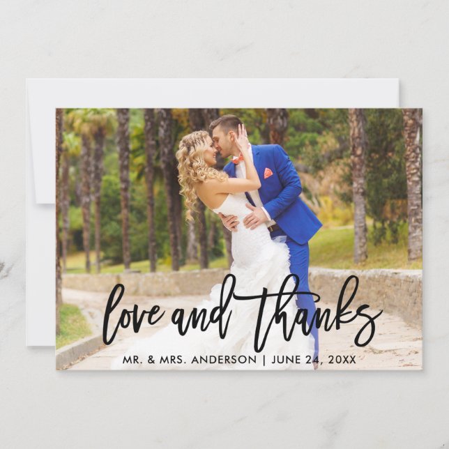 Tarjeta De Agradecimiento Guión de pincel moderno Amor y gracias foto Boda (Anverso)