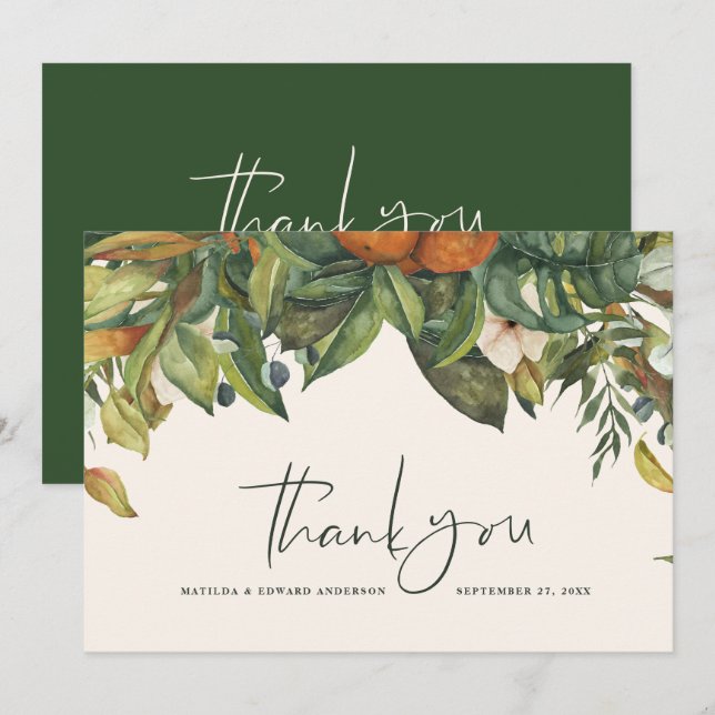 Tarjeta De Agradecimiento Guión elegante boda gracias cítrico botánico (Anverso / Reverso)