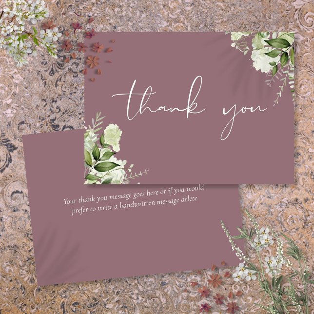 Tarjeta De Agradecimiento Guión elegante con flores de Mauve Greenery (Mauve Greenery Floral Elegant Script Thank You Card)