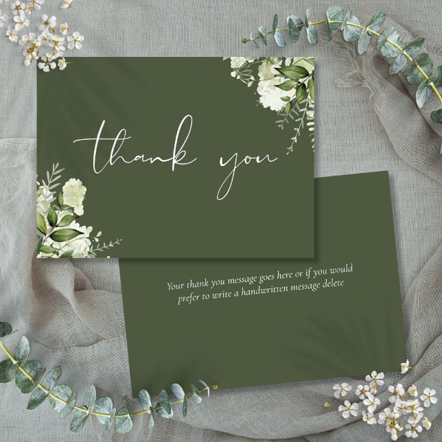 Tarjeta De Agradecimiento Guión elegante de floral verde oliva personalizado (Personalized Olive Green Floral Elegant Script Thank You Card)