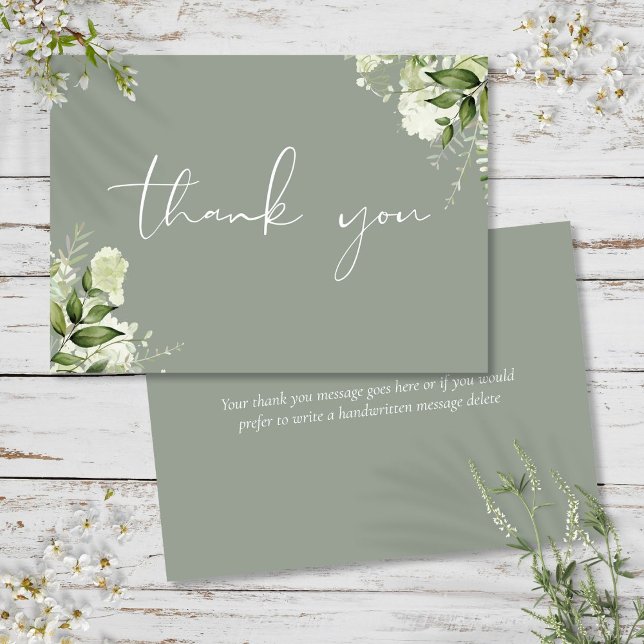Tarjeta De Agradecimiento Guión elegante de floral verde sabio personalizado (Personalized Sage Green Floral Elegant Script Thank You Card)