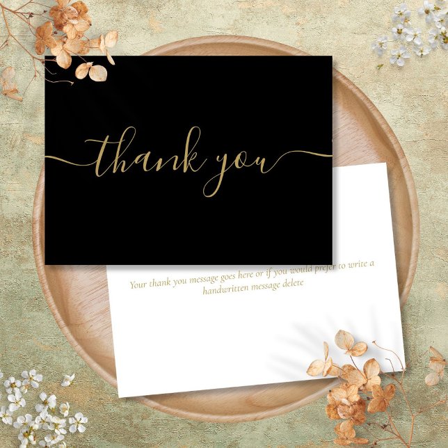 Tarjeta De Agradecimiento Guión elegante moderno simple negro y dorado (Black And Gold Simple Modern Elegant Script Thank You Card)