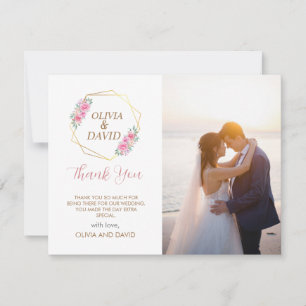 Tarjeta De Agradecimiento Guión floral rosa y falso dorado   Boda fotográfic