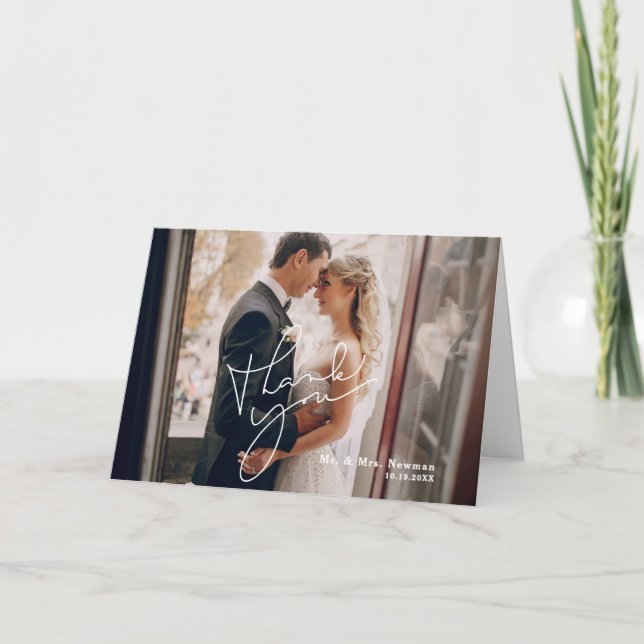 Tarjeta De Agradecimiento Guión fotográfico moderno Boda caligrafía (Anverso)