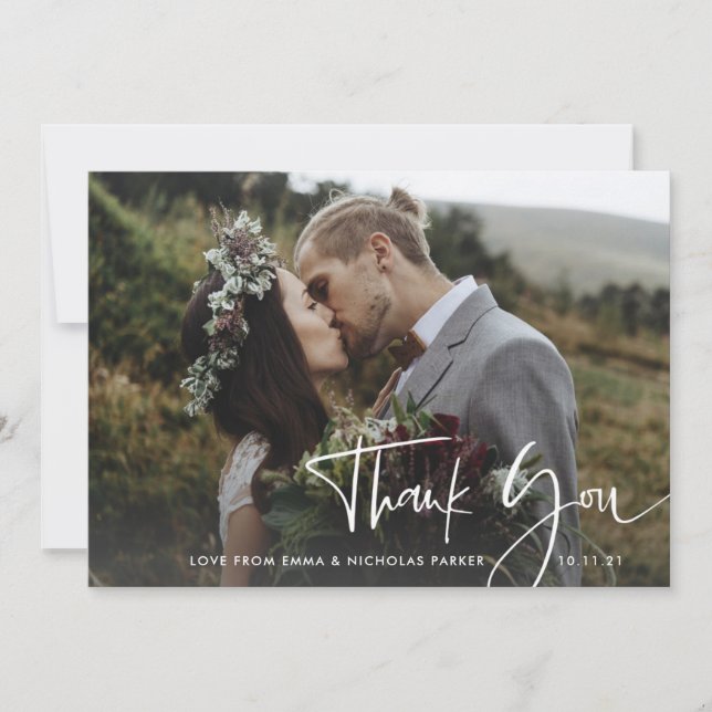 Tarjeta De Agradecimiento Guión manuscrito moderno | Dos Bodas fotográficos (Anverso)