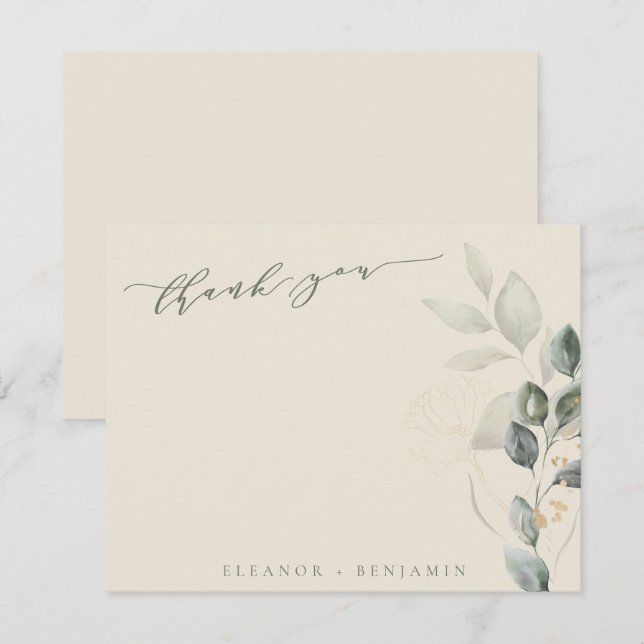 Tarjeta De Agradecimiento Guión mínimo Boda plano de verde de oro rústico (Anverso / Reverso)
