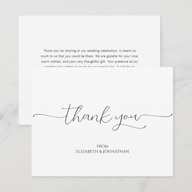 Tarjeta De Agradecimiento Guión mínimo simple Boda blanco y negro (Anverso / Reverso)