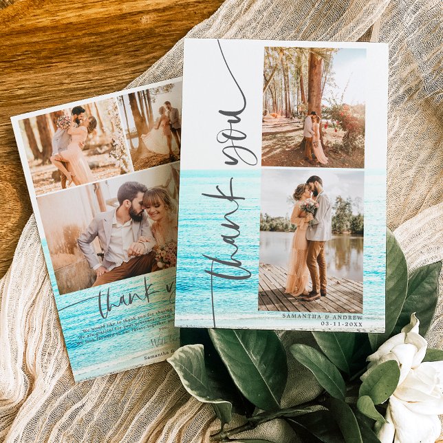 Tarjeta De Agradecimiento Guión moderno 5 fotos boda beach gracias (Subido por el creador)