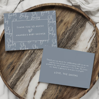Tarjeta De Agradecimiento Guión moderno azul Oh niño simple Baby Shower Flat