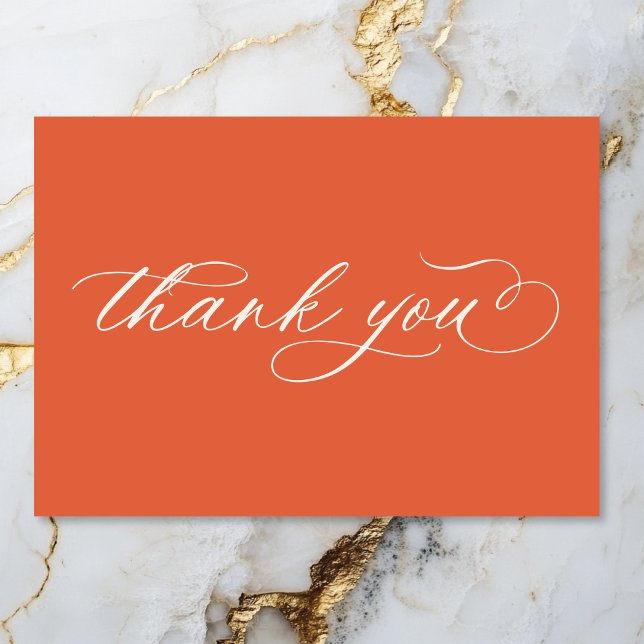 Tarjeta De Agradecimiento Guion Moderno de Naranja de Atardecer Minimalista  (Modern Sunset Orange Script Minimal Wedding Thank You Card)