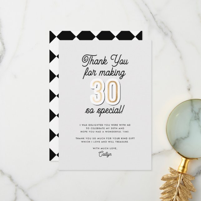 Tarjeta De Agradecimiento Guión moderno Negro y Oro 30 cumpleaños (Anverso/Reverso In Situ)