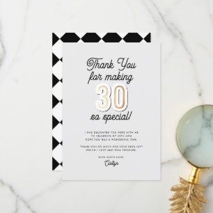 Tarjeta De Agradecimiento Guión moderno Negro y Oro 30 cumpleaños