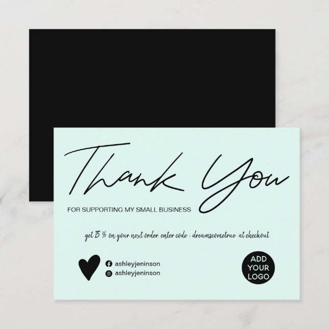 Tarjeta De Agradecimiento Guión moderno orden negro y verde azulado gracias (Anverso / Reverso)