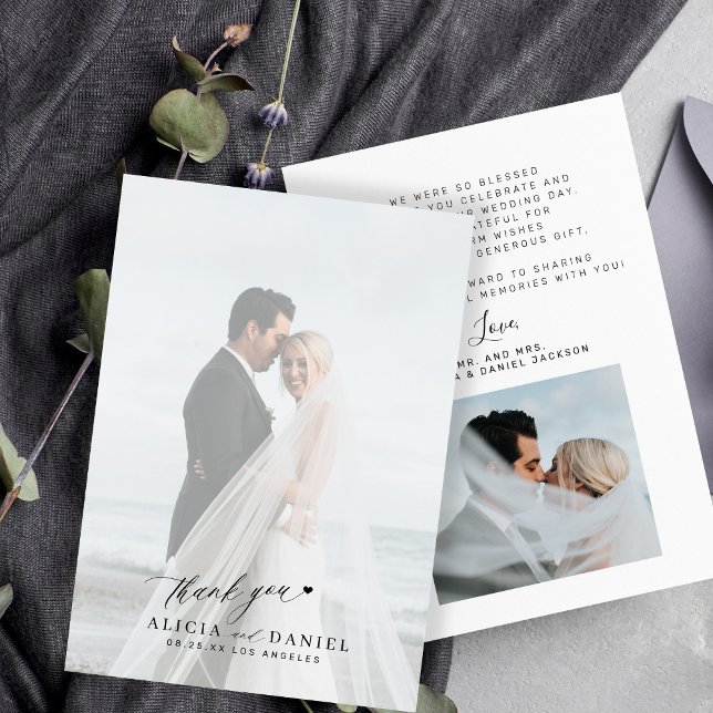 Tarjeta De Agradecimiento Guión moderno simple 2 boda de fotos (Subido por el creador)