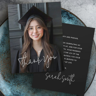 Tarjeta De Agradecimiento Guión moderno simple foto graduación negra