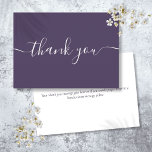 Tarjeta De Agradecimiento Guión Purple Simple Moderno Elegante<br><div class="desc">Simple y elegante escritura púrpura simple tarjeta de agradecimiento. Puede personalizar con su propio mensaje de agradecimiento al revés o si prefiere agregar su propio mensaje manuscrito simplemente elimine el texto. ¡Una forma perfecta de agradecerte! Diseñado por Thisisnotme©</div>