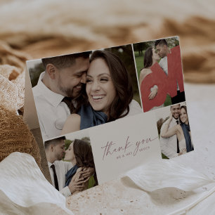 Tarjeta De Agradecimiento Guión Rosa moderno 4 Collage de fotos Boda plegado