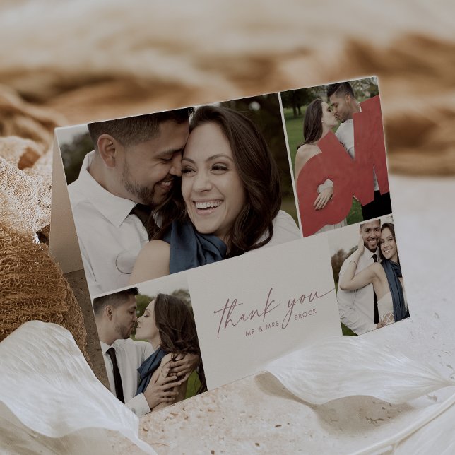 Tarjeta De Agradecimiento Guión Rosa moderno 4 Collage de fotos Boda plegado (Subido por el creador)