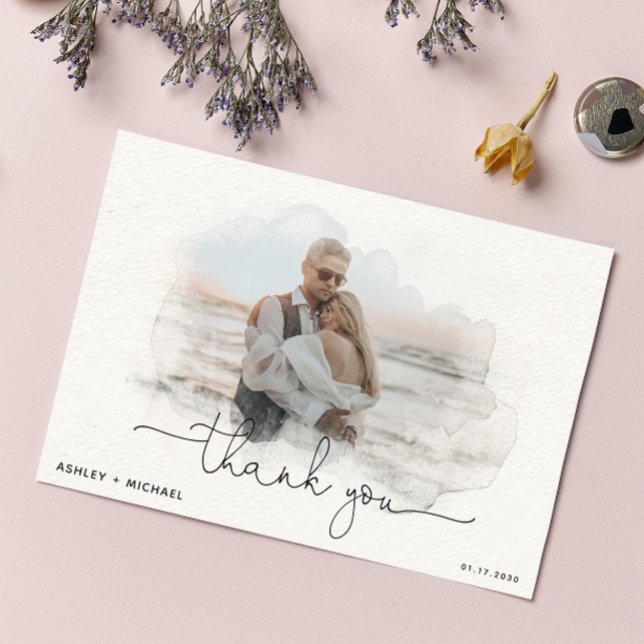 Tarjeta De Agradecimiento Guión simple 4 Foto Boda acuarela Gracias (Grateful for the love and joy you shared on our special day. )