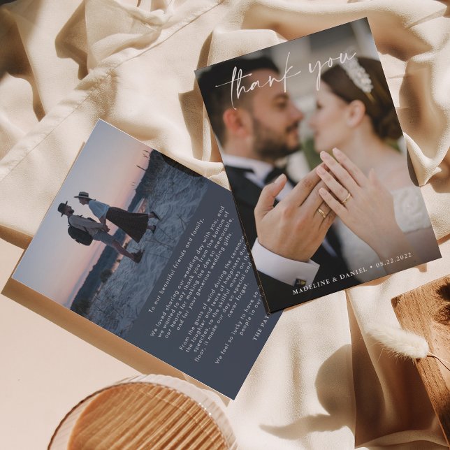 Tarjeta De Agradecimiento Guión simple Marfil Azul oscuro con Boda fotográfi (Subido por el creador)
