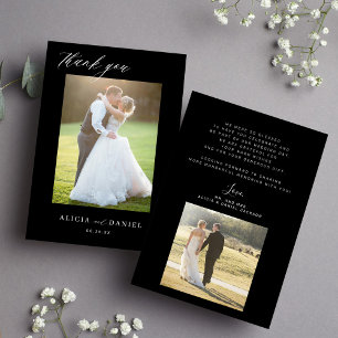 Tarjeta De Agradecimiento Guión simple moderno 2 fotos boda negro