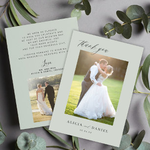 Tarjeta De Agradecimiento Guión simple moderno 2 fotos boda verde sabio