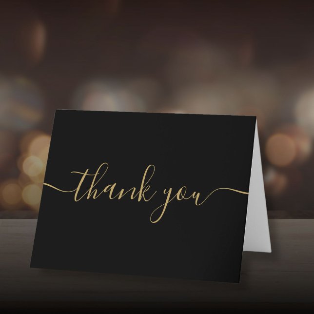 Tarjeta De Agradecimiento Guión Simple Moderno Elegante Negro Y Dorado (Script Simple Modern Elegant Black And Gold Thank You Card)