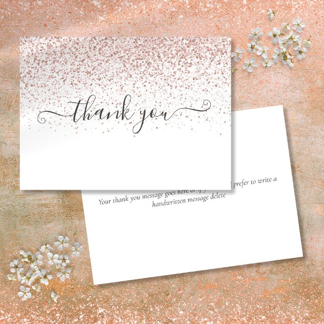 Tarjeta De Agradecimiento Guión simple y moderno Rosa Purpurina oro (Simple Modern Rose Gold Glitter Script Thank You Card)