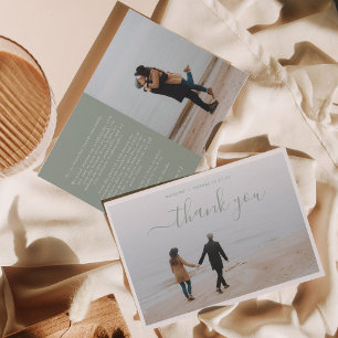 Tarjeta De Agradecimiento Guión verde sabio minimalista con 2 foto boda