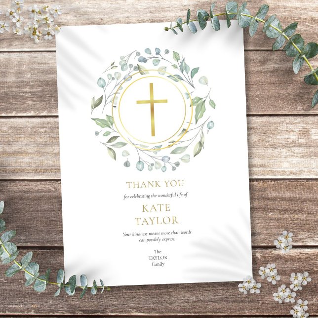 Tarjeta De Agradecimiento Guirnalda de Laurel Elegante Cruz Dorada Funeral M (Elegant Laurel Garland Funeral Memorial Gold Cross Thank You Card)