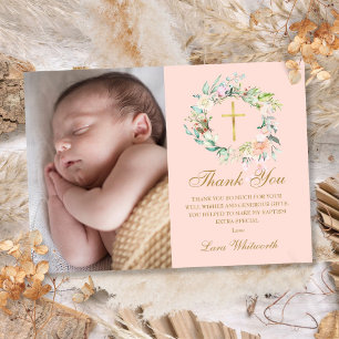 Tarjeta De Agradecimiento Guirnalda floral rosa sonrojado Bautizo Foto